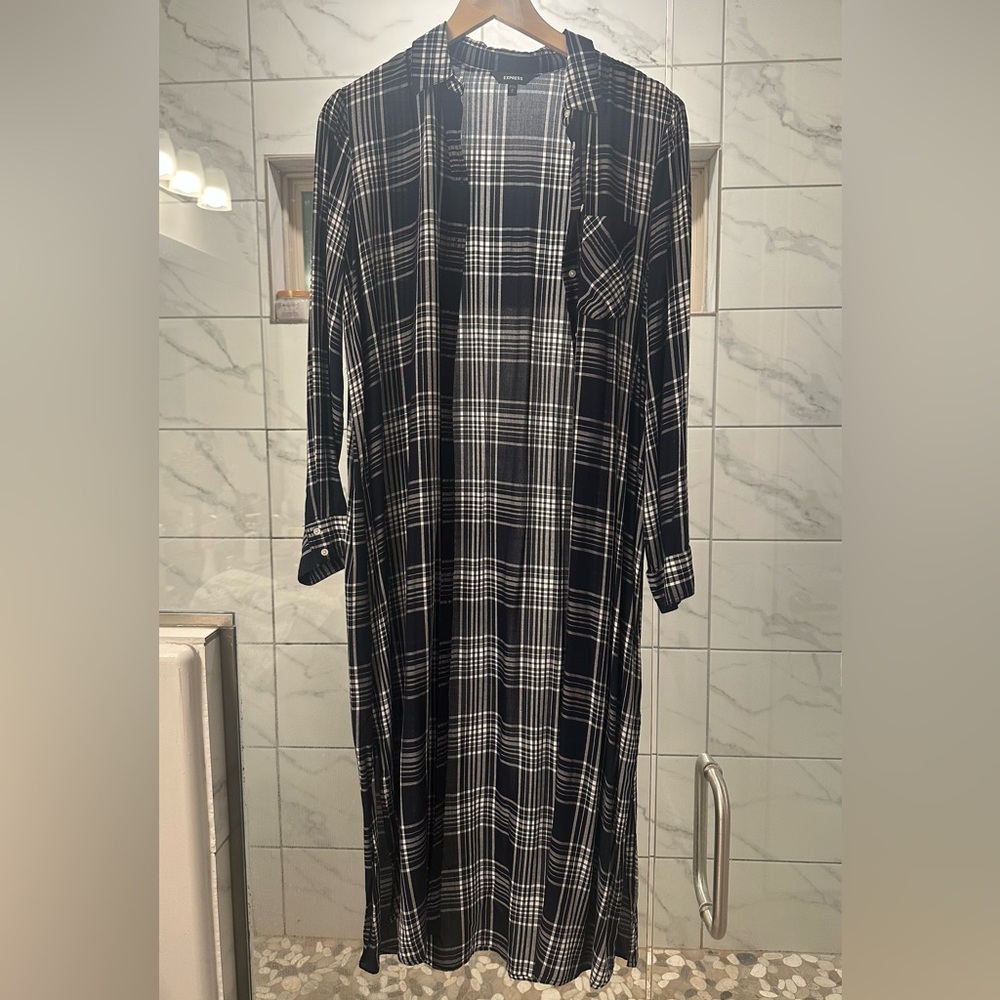 Black and White Plaid Long Shirt Dress